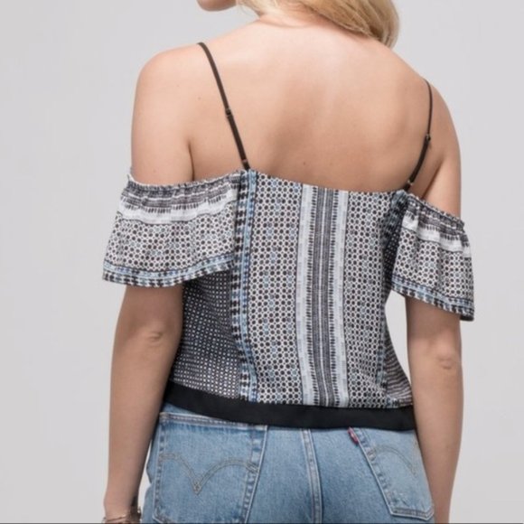 Greylin Keeley Geometric Boho Crop Button Up Top Blouse Black Blue Size Medium - Picture 12 of 12